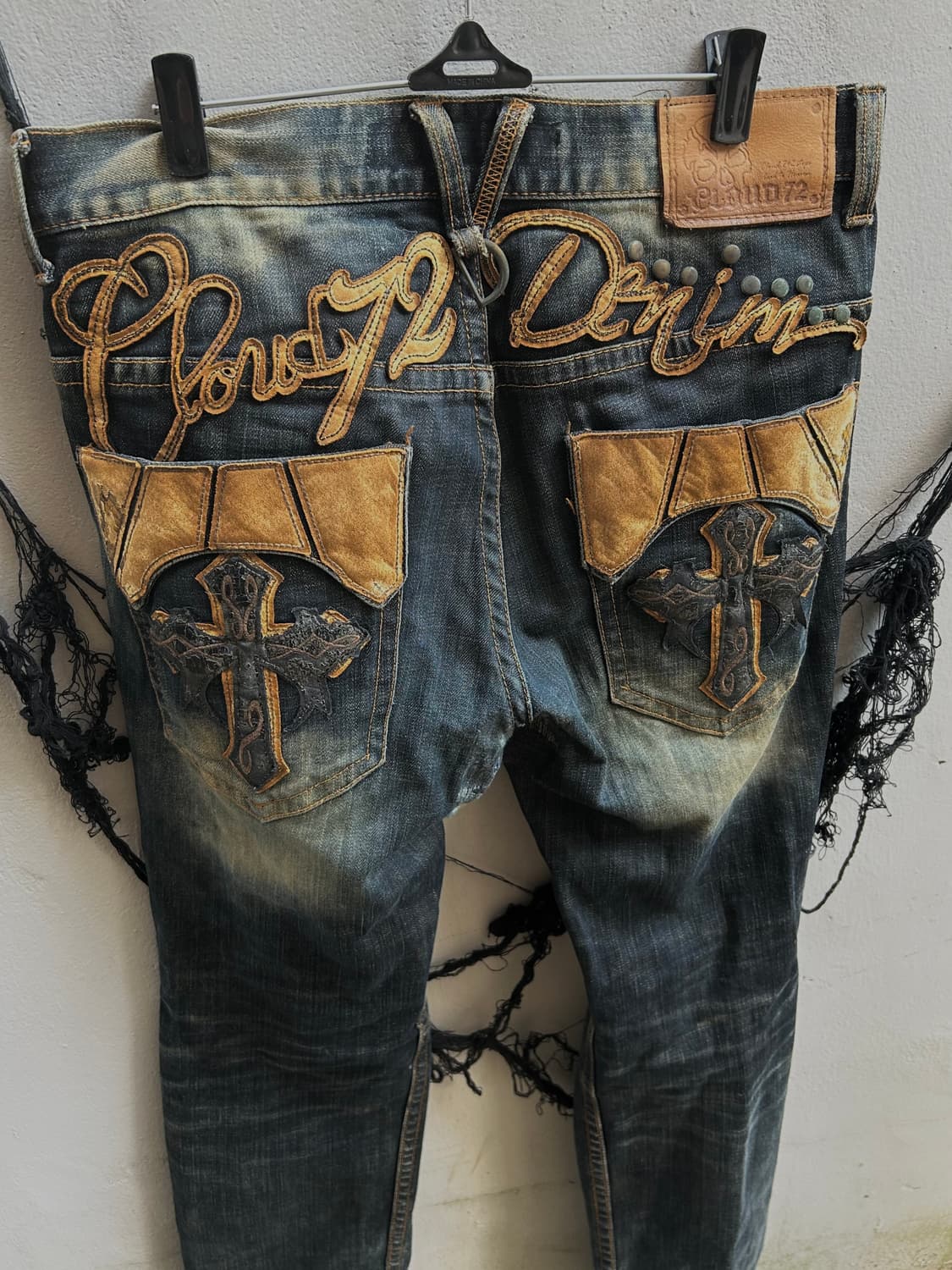 2000s clowd 72 펑크 크로스 레더 워싱 데님팬츠  상품이미지1