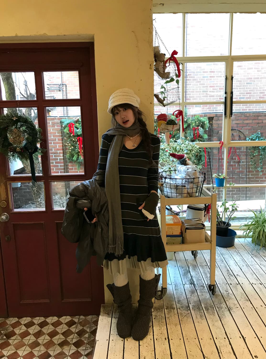 버버리 카키 원피스 버튼 패딩 코디세트 상품이미지3