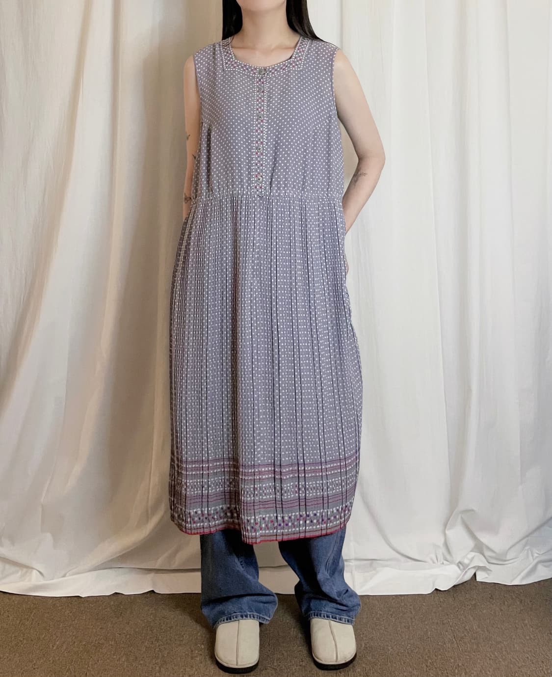 Dot Pattern Long Dress - Purple Gray 상품이미지2