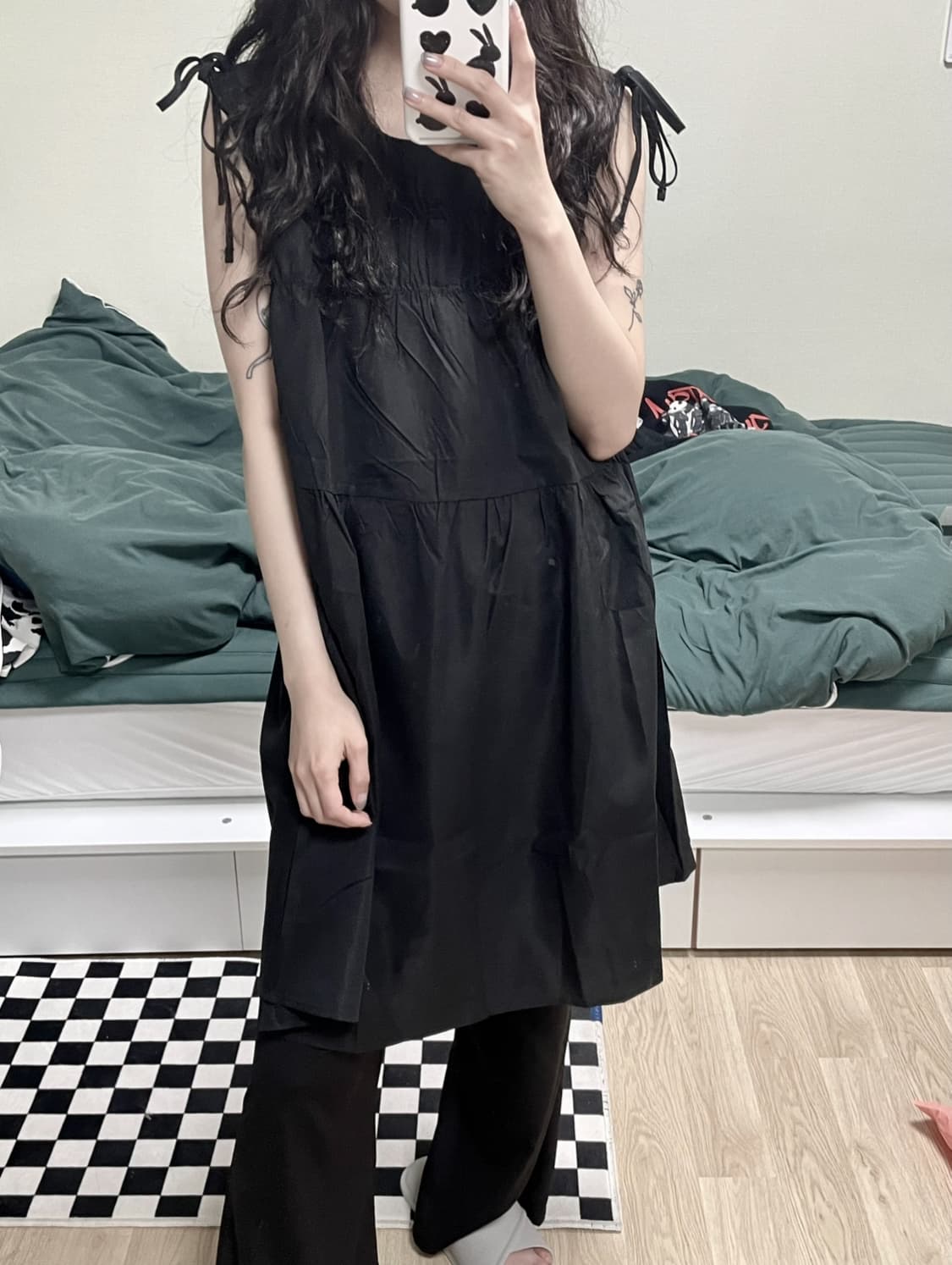 어깨끈 셔링 민소매 레이어드 미니원피스 상품이미지1