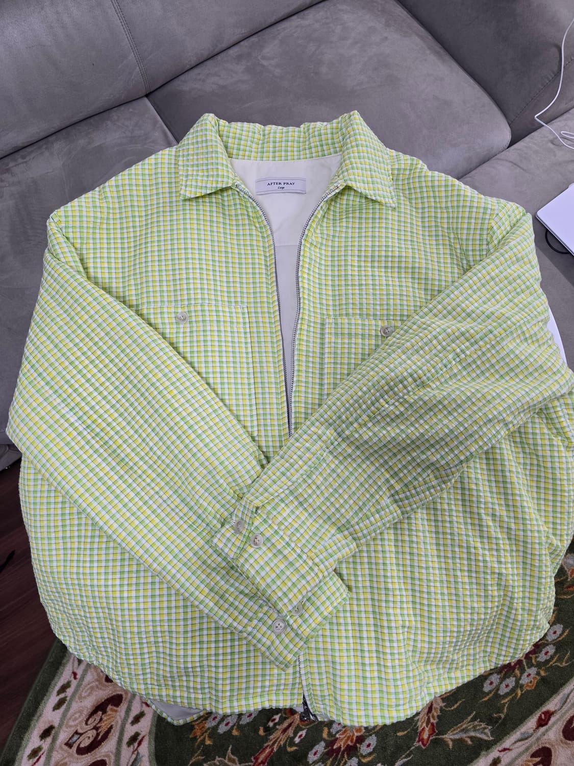 애프터프레이 오버사이즈드 체크 패디드 셔켓 라임 L 상품이미지1