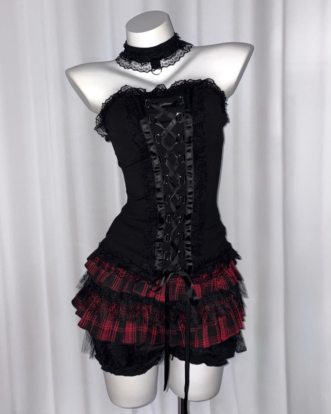 [red roxy] 레드펑크 체크 레이스 프릴 케이크 갸루 나나 스커트 상품이미지3