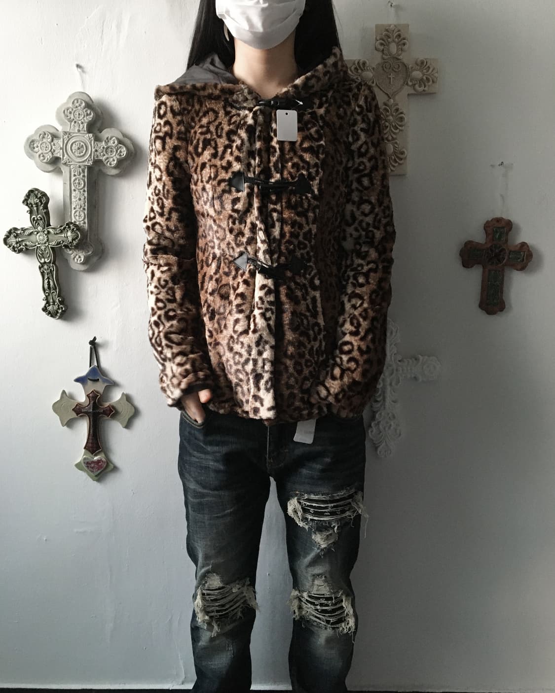 Fake fur leopard pattern duffle button h 상품이미지5