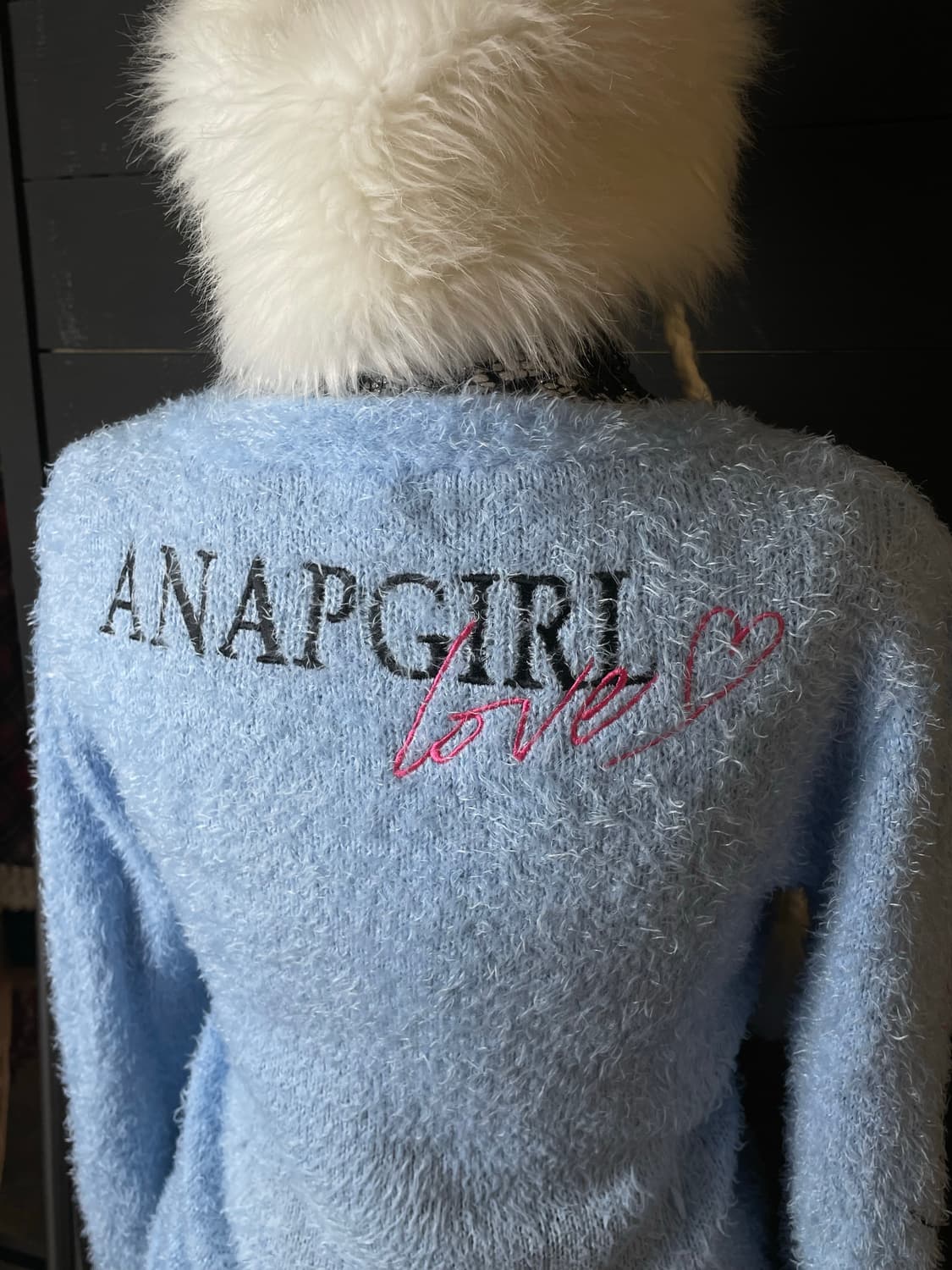 JPN 앙고라 퍼 레터링 하늘색 블루 가디건 상품이미지4