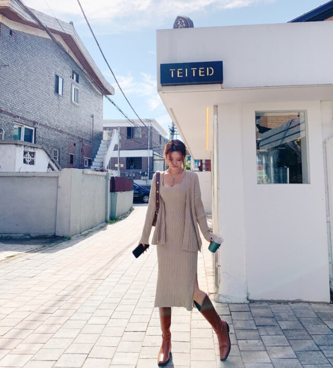 니트 롱 원피스 + 가디건 세트 상품이미지1