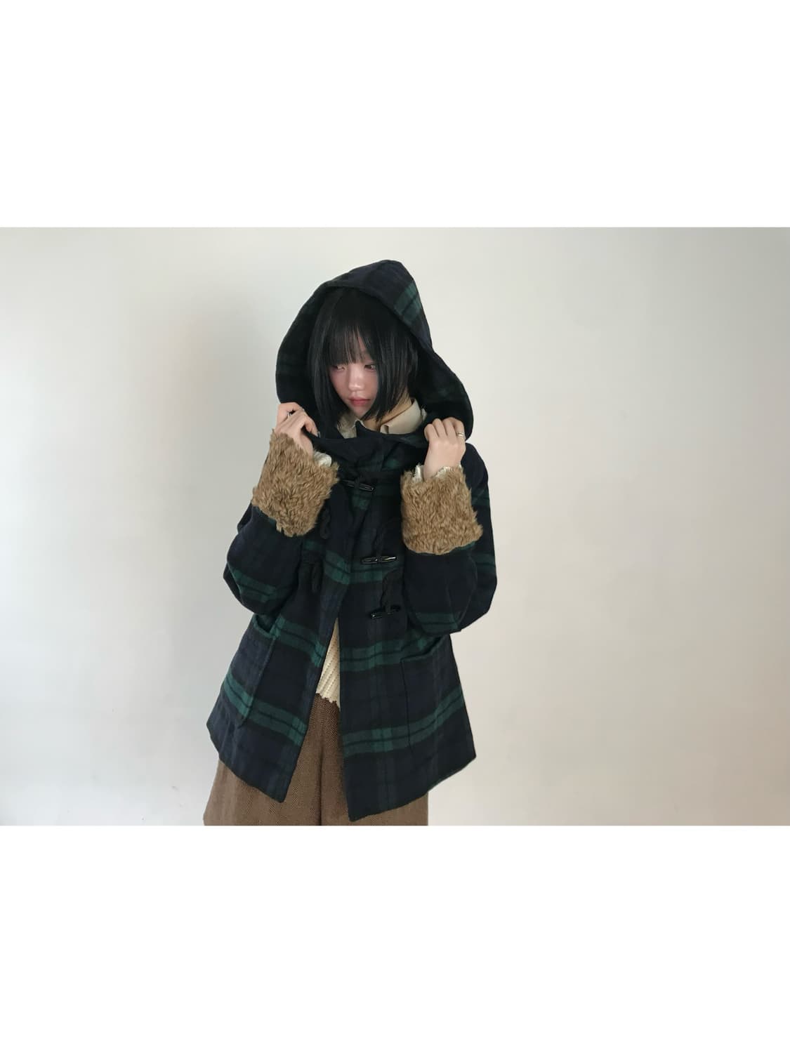 Green-check fur sleeve duffel coat 상품이미지3