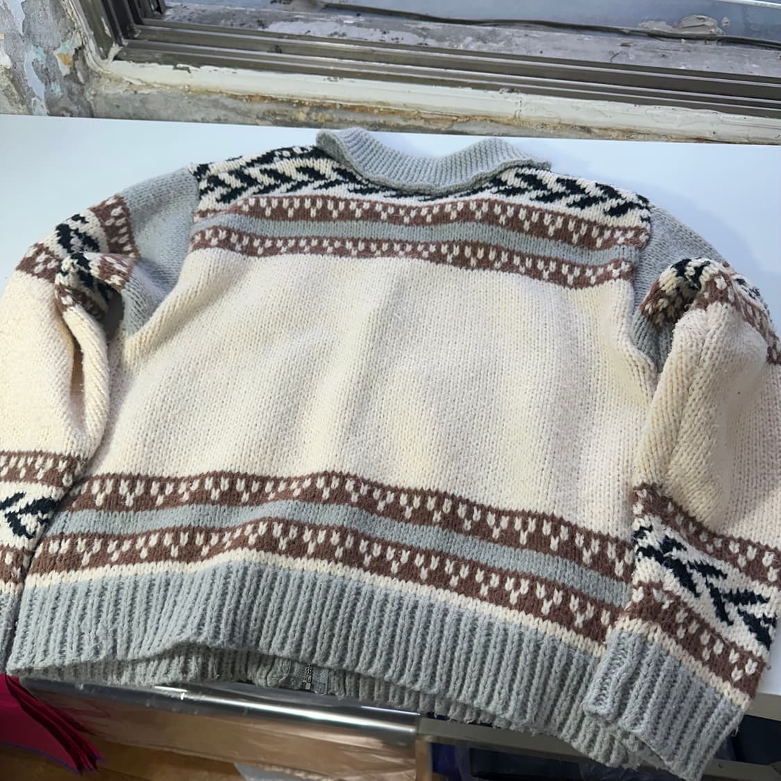 우먼F 빈티지 오버핏 카라넥 헤비울 코위찬 니트집업 상품이미지4