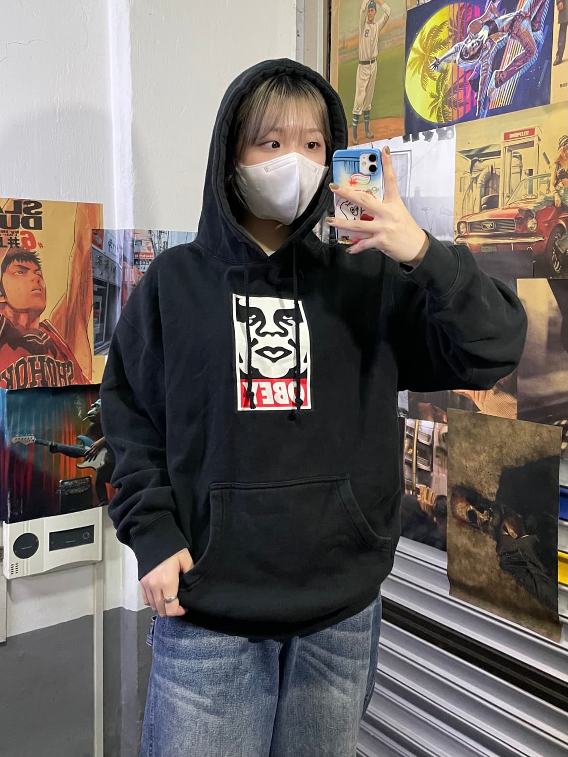 오베이 블랙 프린팅 후드티  L  상품이미지2