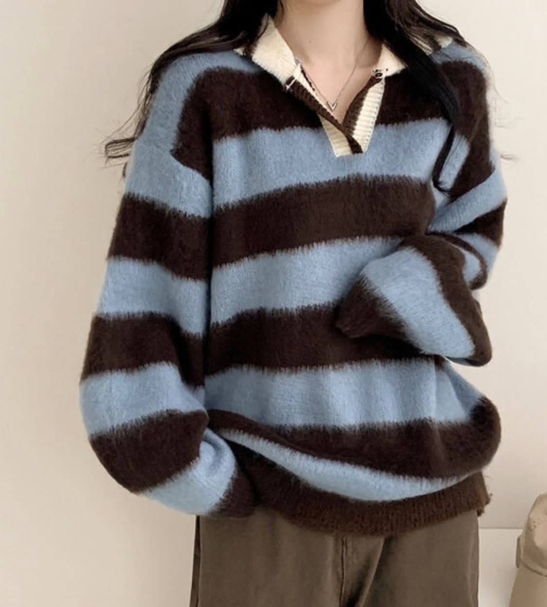 스트라이프 줄무늬 럭비니트 럭비 니트 오버핏 앙고라 상품이미지1