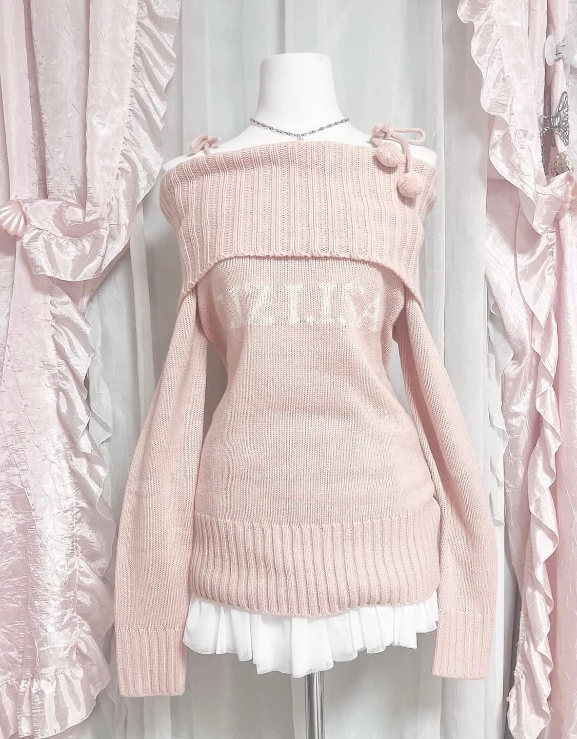 리즈리사 핑크 폼폼이 오프숄더 니트 라떼 히메 갸루 러블리 로걀 빈티지 상품이미지1