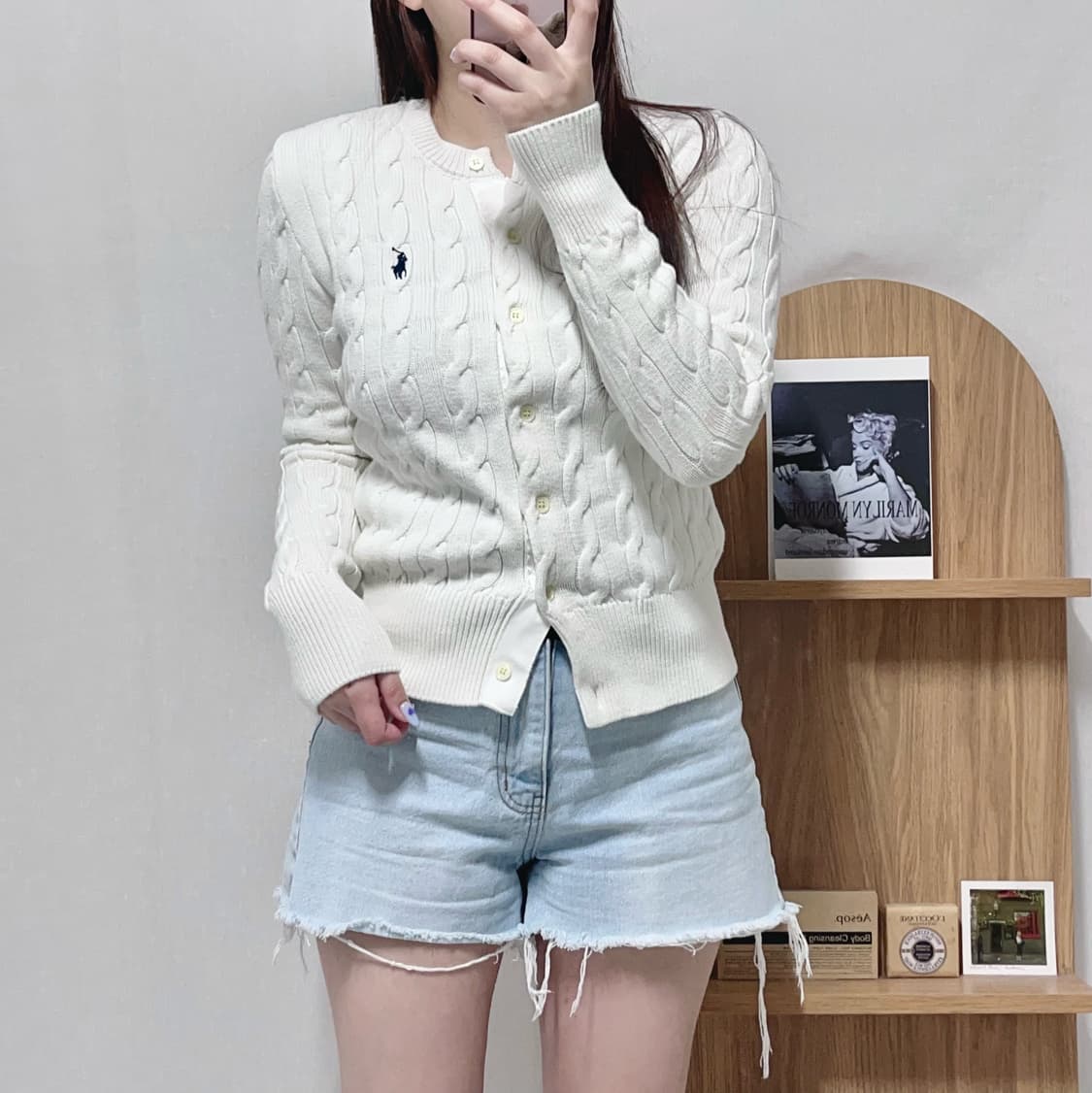 [정품] 폴로 아이보리 / 네이비포니 꽈배기 라운드 도톰 가디건 [ S  상품이미지1