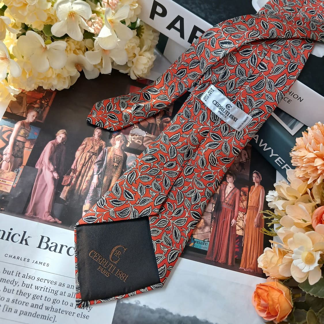 세루티 실크 오렌지 나뭇잎 모티브 넥타이 9cm A+등급 E945 상품이미지5