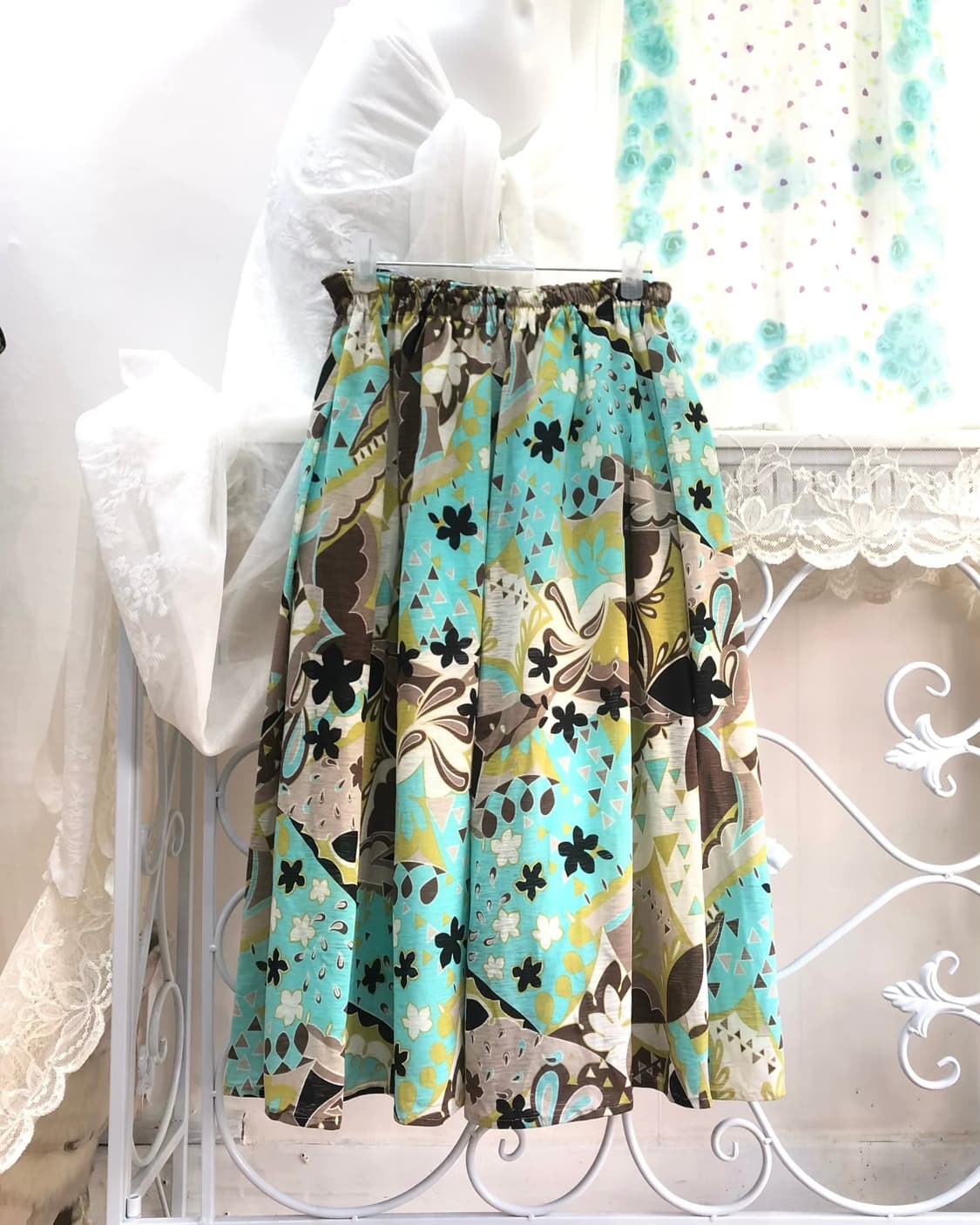 mint brown abstract pattern long skirt 상품이미지1