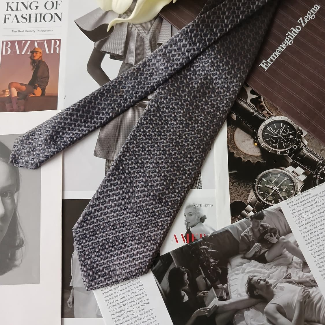 에르메네질도 제냐 실크 그레이 패턴 넥타이 9.6cm A등급 A19152 상품이미지3