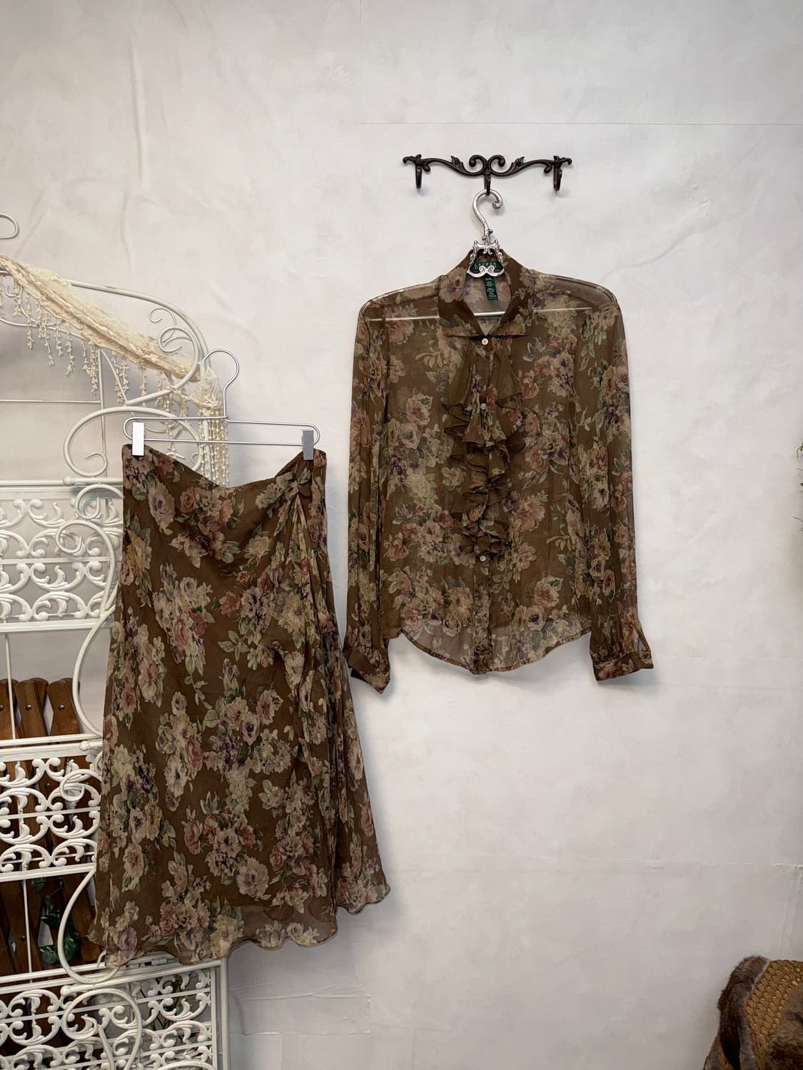Ralph Lauren brown vintage rose silk 셋업 상품이미지1