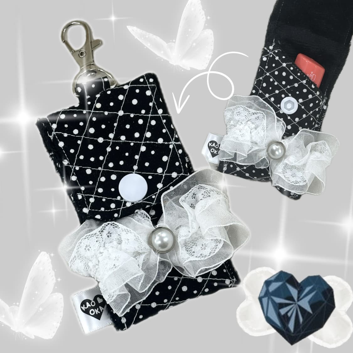 히메갸루 블랙&화이트 도트 레이스 리본 소품샵  누빔립밤/립 키링케이스 상품이미지1