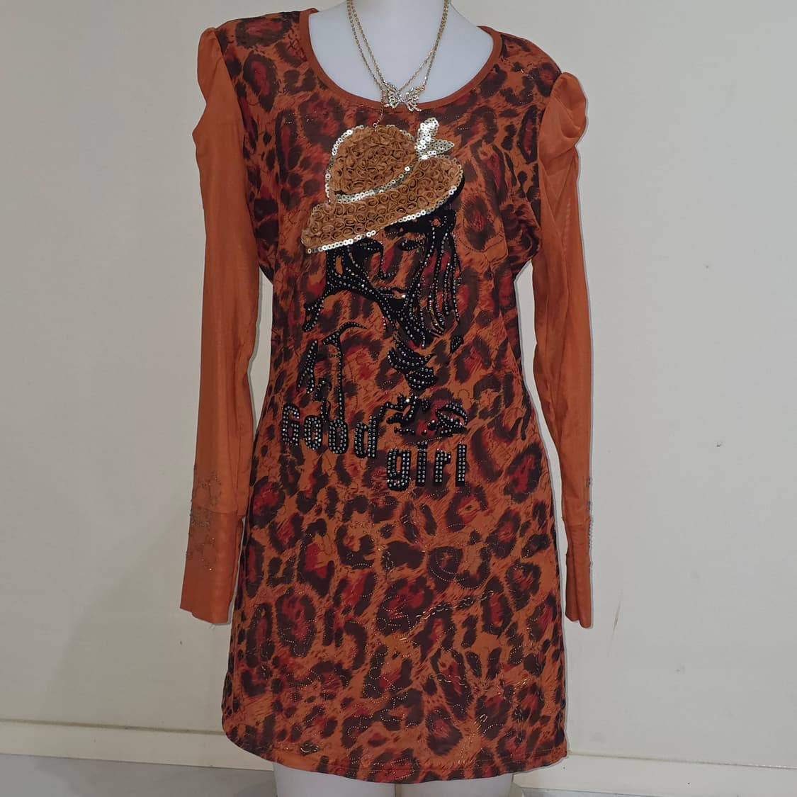 빈티지)레오파드 호피 오네갸루 글리터 대대장 큐빅메쉬y2k90s 롱슬리브 상품이미지1