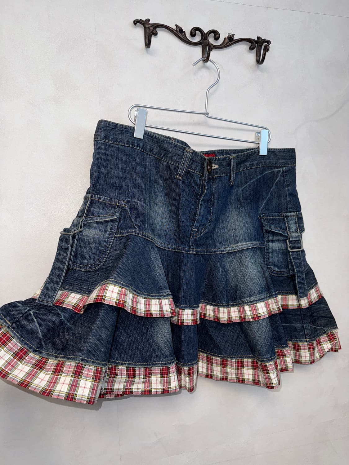 Denim belted pocket check cancan skirt 상품이미지2