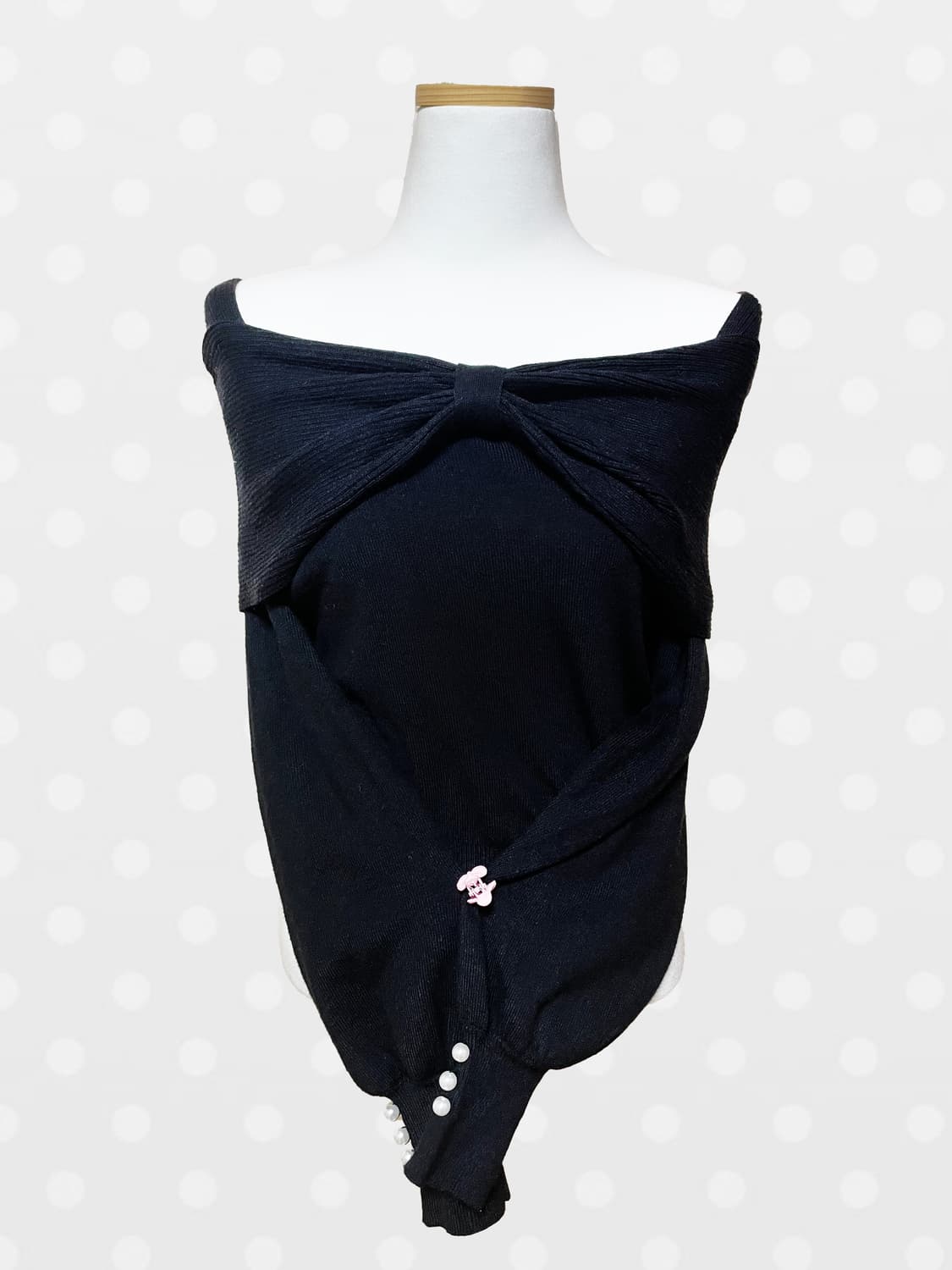 히메 러블리 빈티지 블랙 진주 리본 니트 오프숄더 탑 상품이미지2