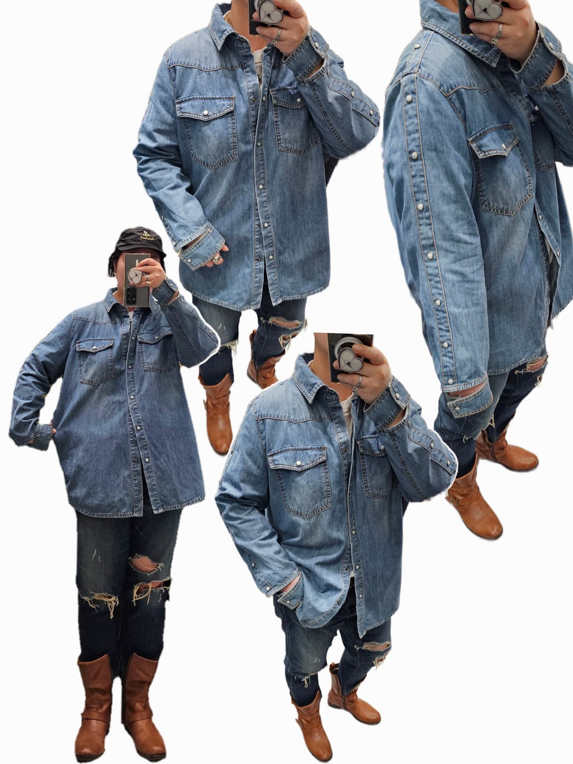 워싱 소매 절개 데님셔츠 상품이미지2