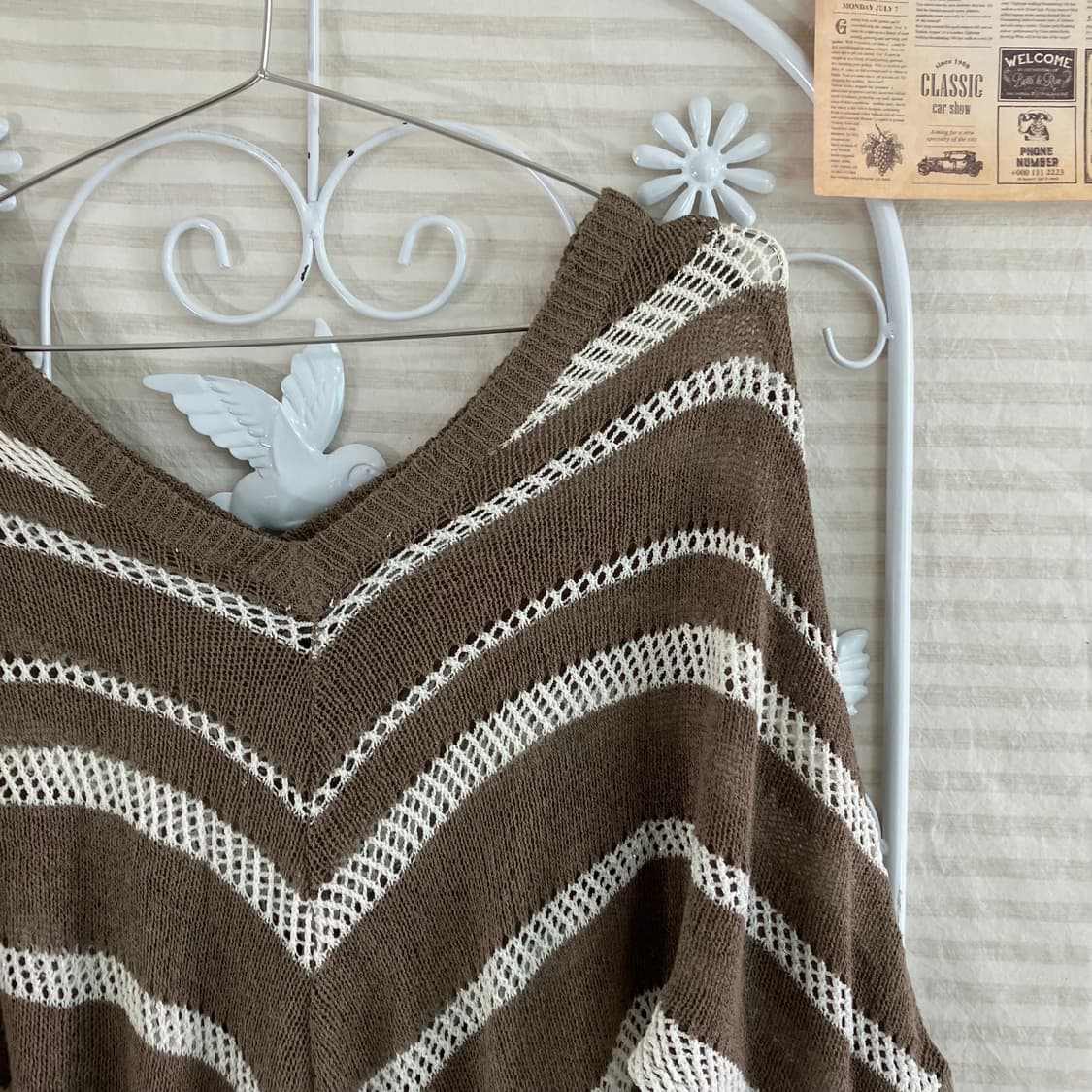 빈티지 초코 브라운 스트라이프 펄 오프숄더 니트 969 y2k 스트릿 갸 상품이미지2