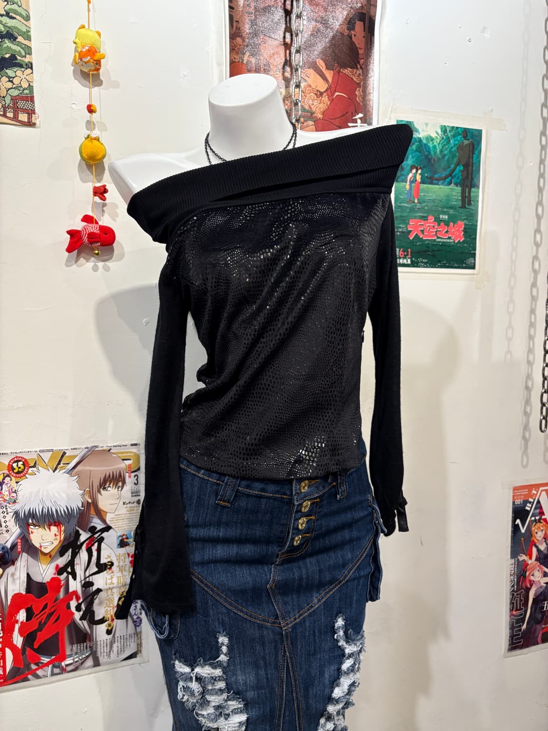 글리터 파이톤 패턴 버클 블랙 슬리브 갸루 상품이미지1