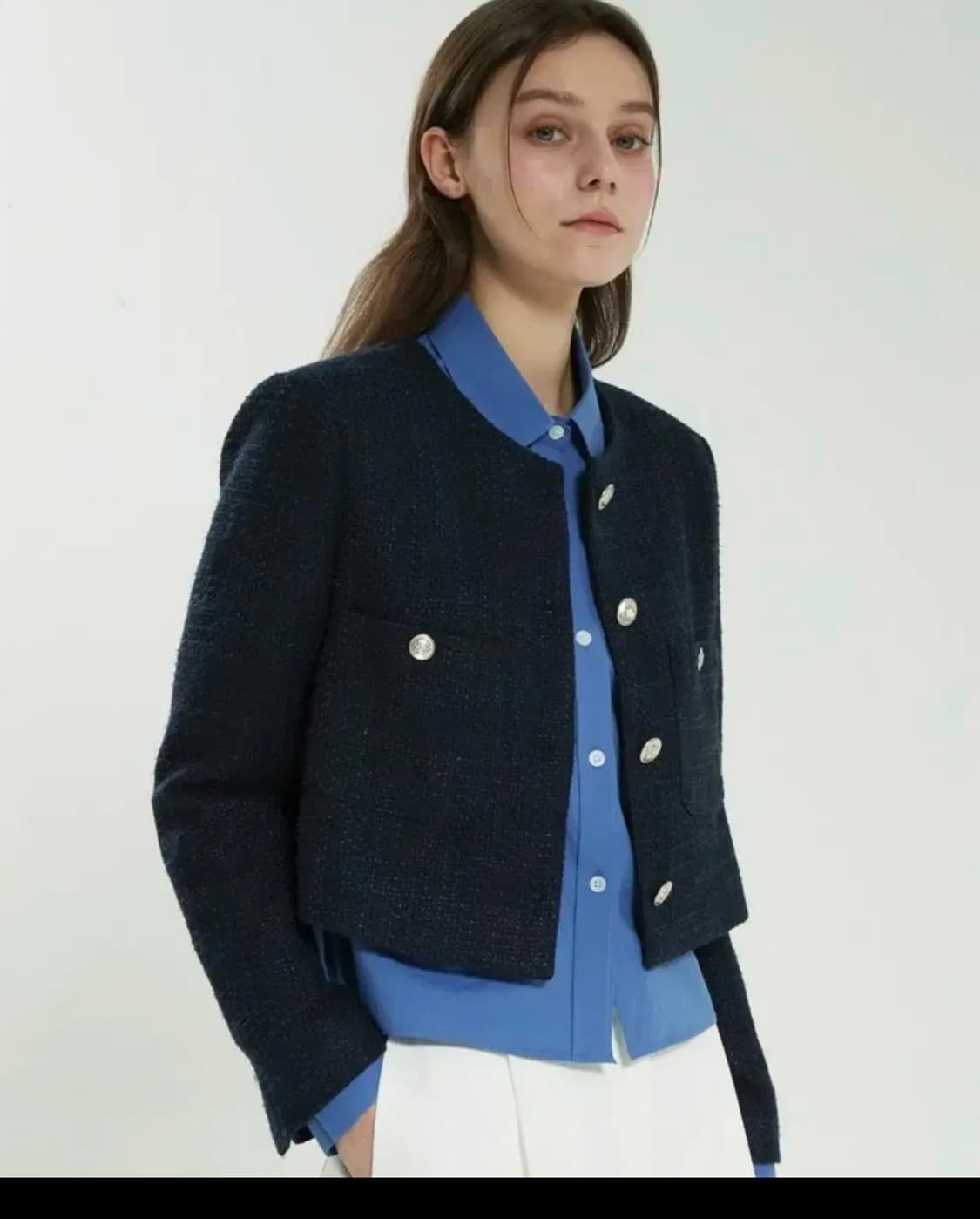 스테이피플 크롭 트위드 블레이저 네이비 상품이미지1