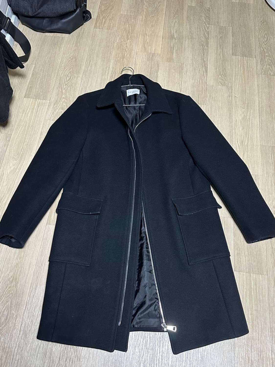 산드로 옴므 지퍼 프론트 울/캐시미어 블랙 코트 XL 상품이미지1