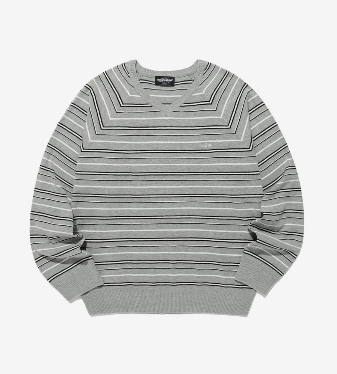 MULTI STRIPE 3STAR V NECK KNIT_GREY 상품이미지1
