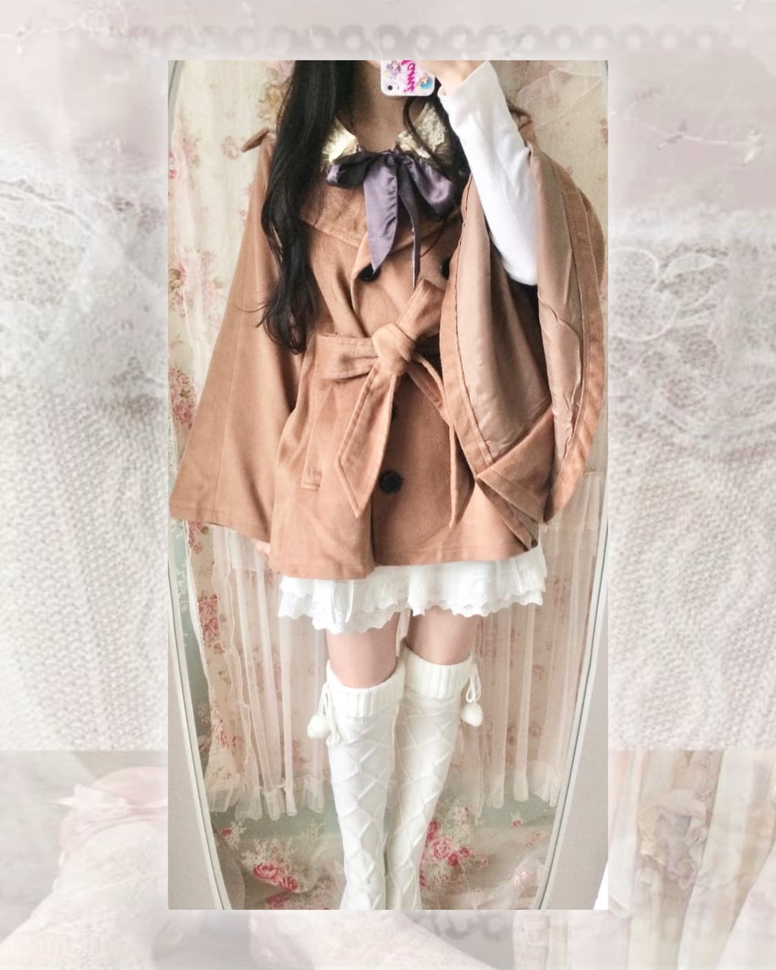 Vintage GRL brown cape & lace fur ribbon 상품이미지4