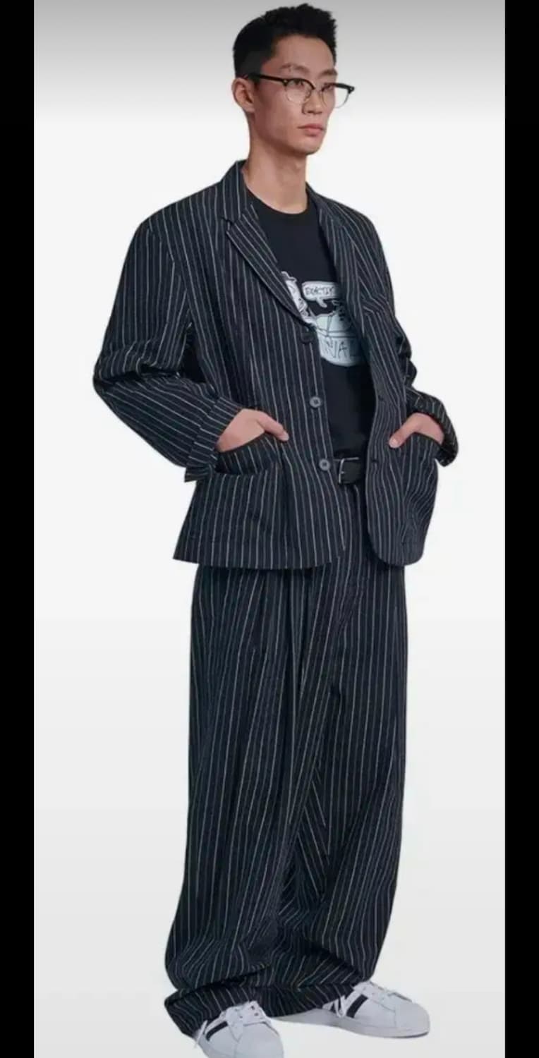 노매뉴얼 시어서커 자켓 + 와이드 팬츠 L 블랙 스트라이프 셋업 상품이미지5