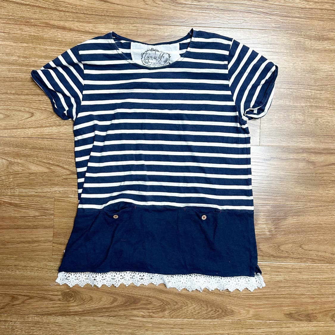 빈티지 스트라이프 레이스 단추 반팔 티셔츠 모리걸 코이세이오깔 아오이유우 상품이미지1