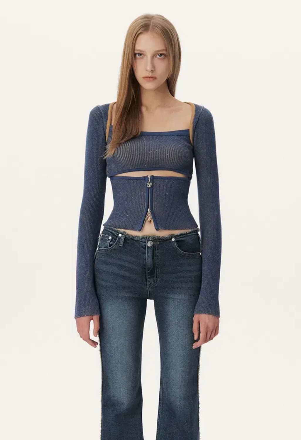 유즈 YUSE TWO TONE BOLERO CUT OUT KNIT TOP 상품이미지1