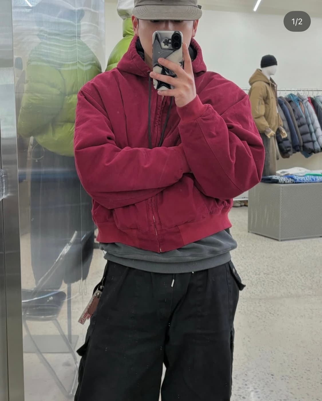 (남여 공용)새상품 빈티지 레드 패딩 후드 집업 상품이미지1