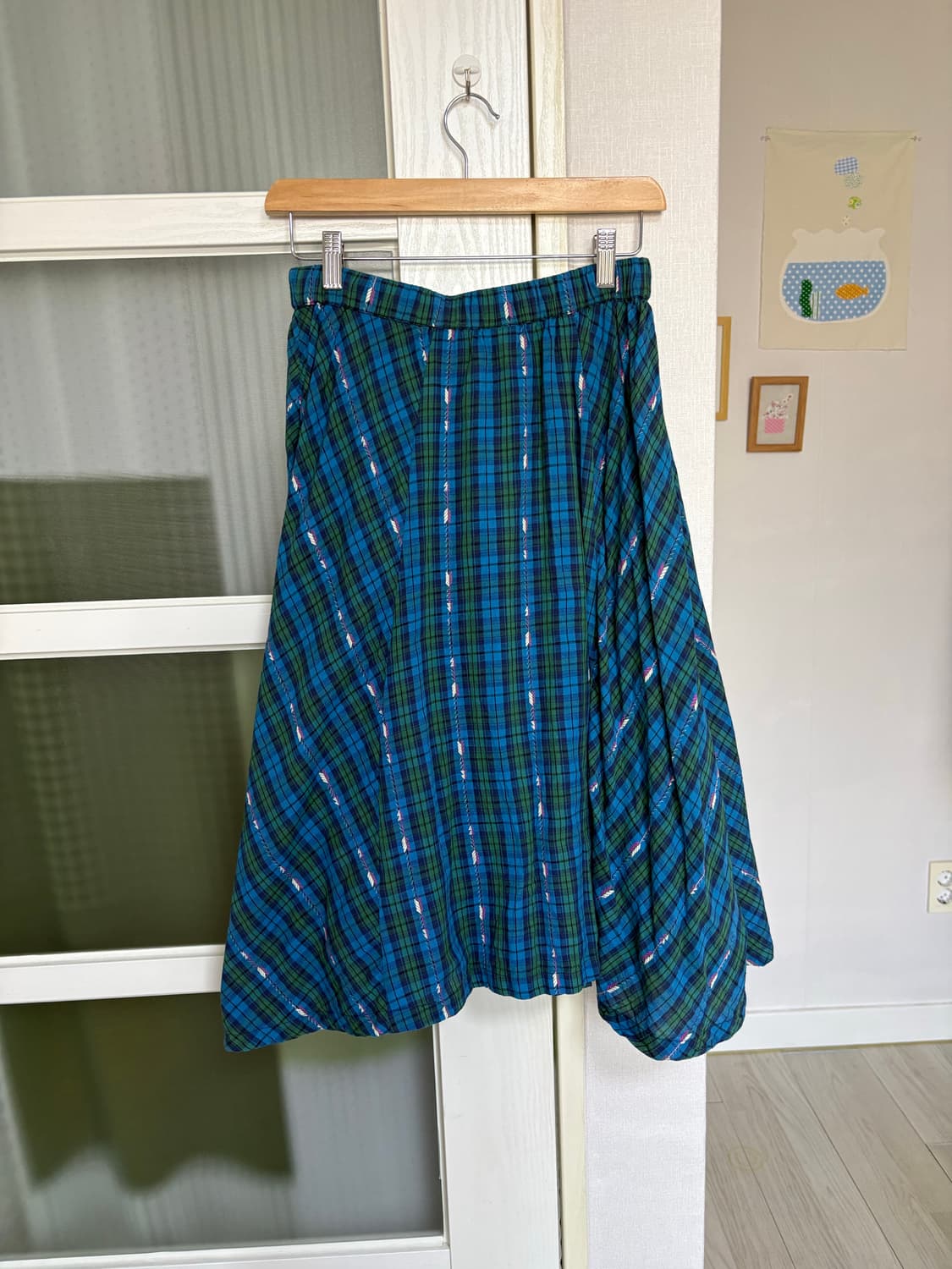 블루-그린 체크 미디 스커트 상품이미지5