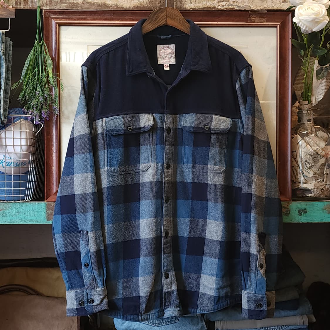 90s 아메리칸 빈티지 체크셔츠 헤비 플란넬 워크셔츠 블루 배색 xl 상품이미지1