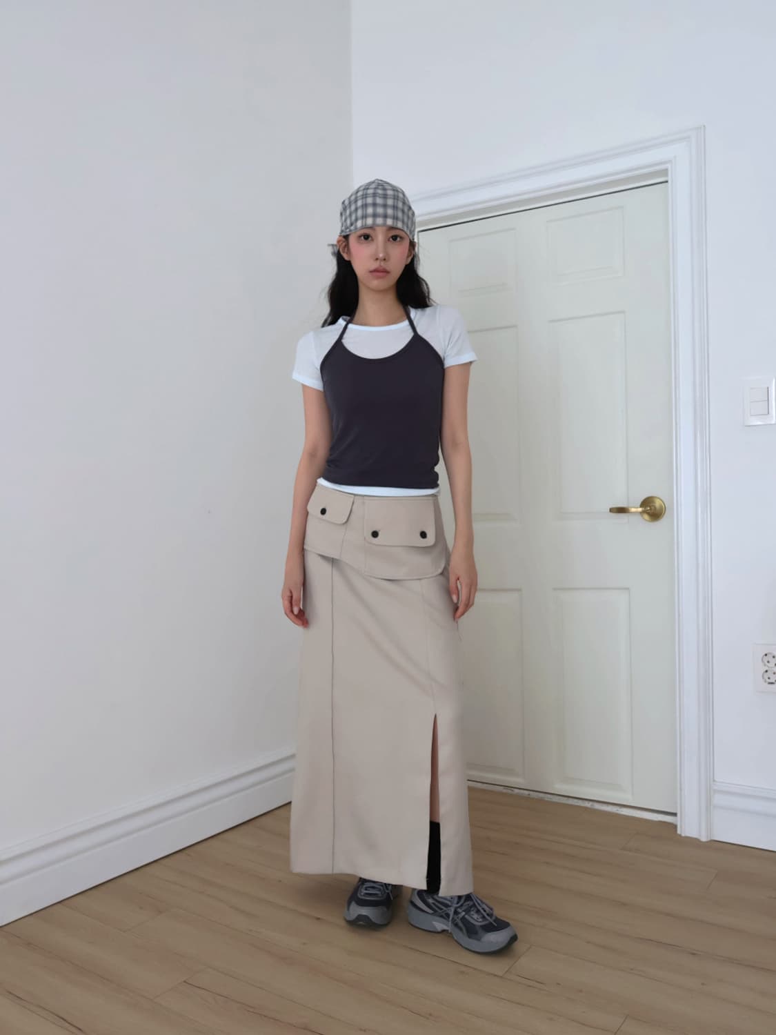 새상품) 포켓 레이어드 롱 스커트 베이지 상품이미지6