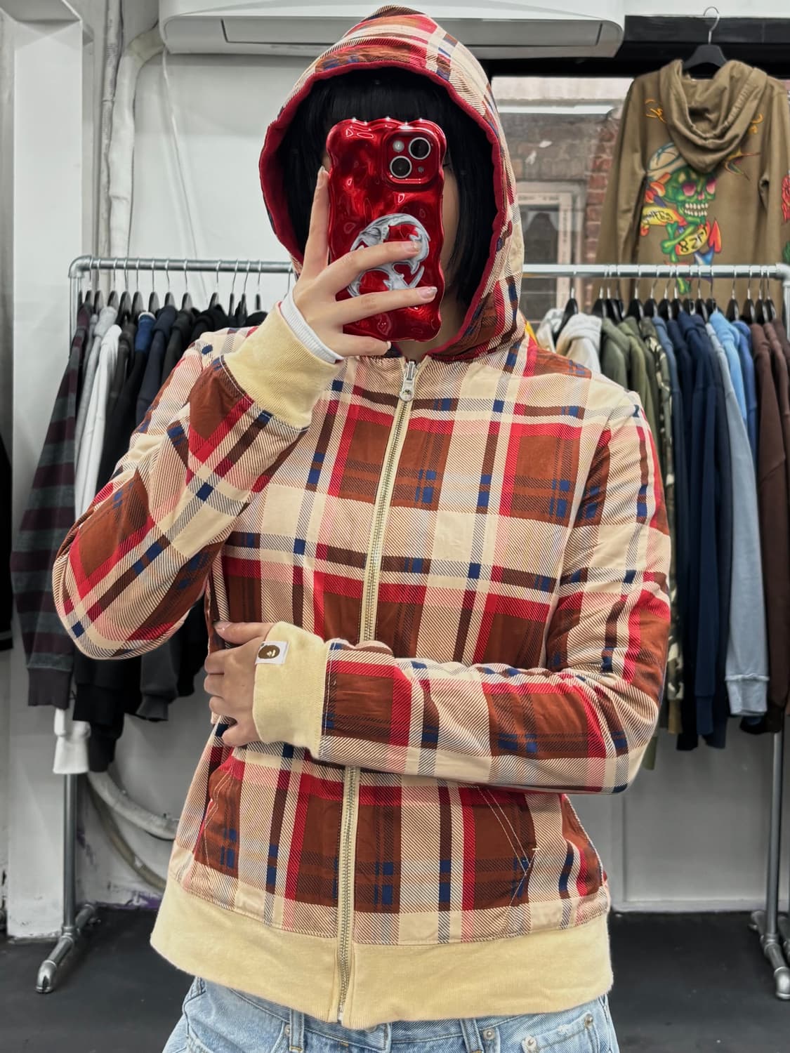베이프 레드&체크 리버시블 후드집업 상품이미지7