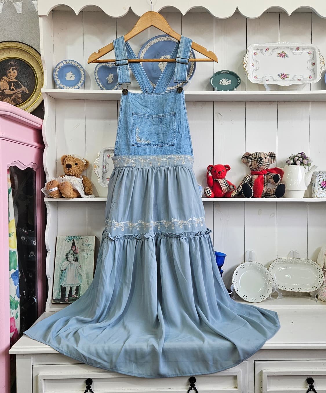 (Axes Femme) 하늘빛 데님 쉬폰 멜빵 롱원피스 상품이미지1