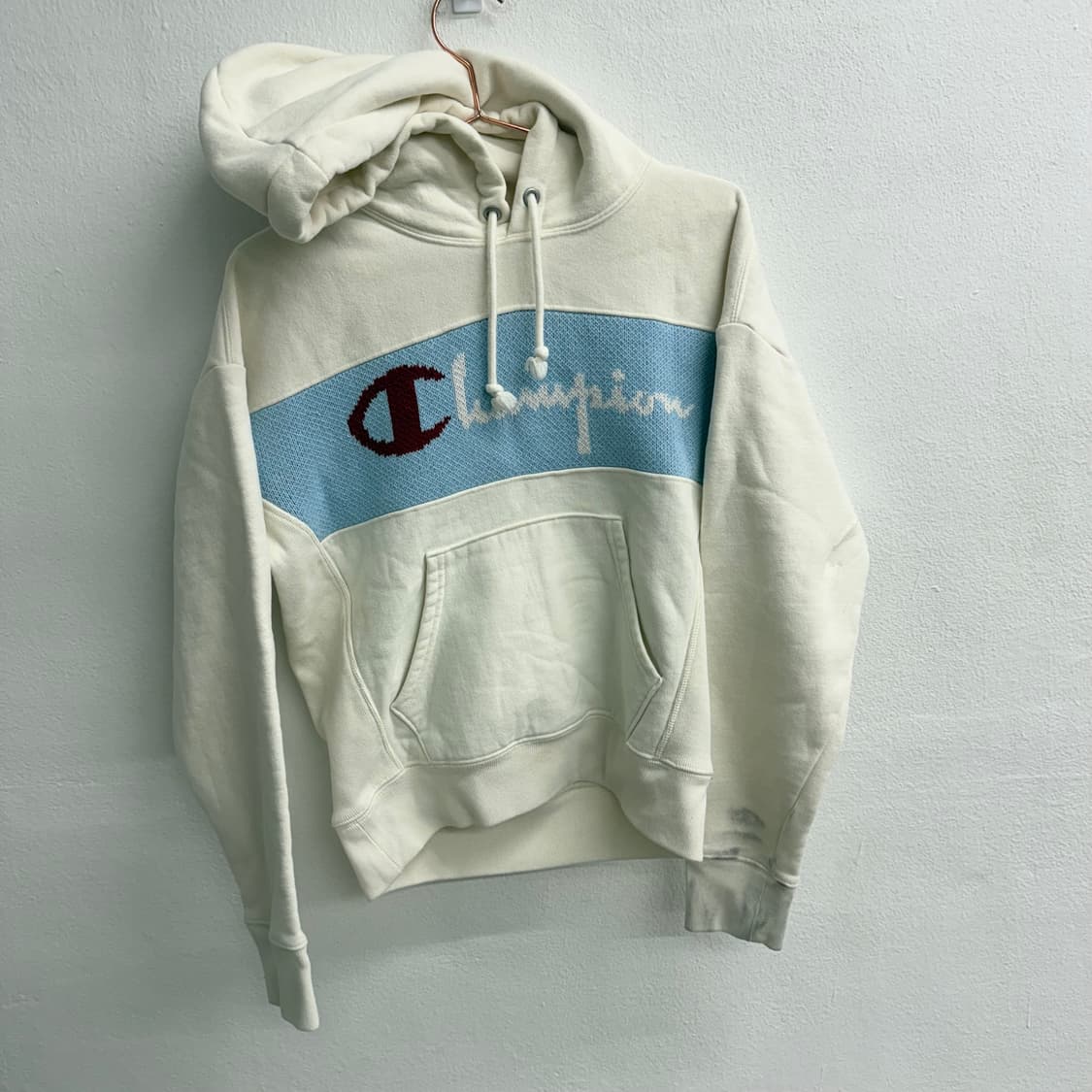 챔피온 리버스위브 배색 챔피온 로고 크림 후드티 (S) 상품이미지1