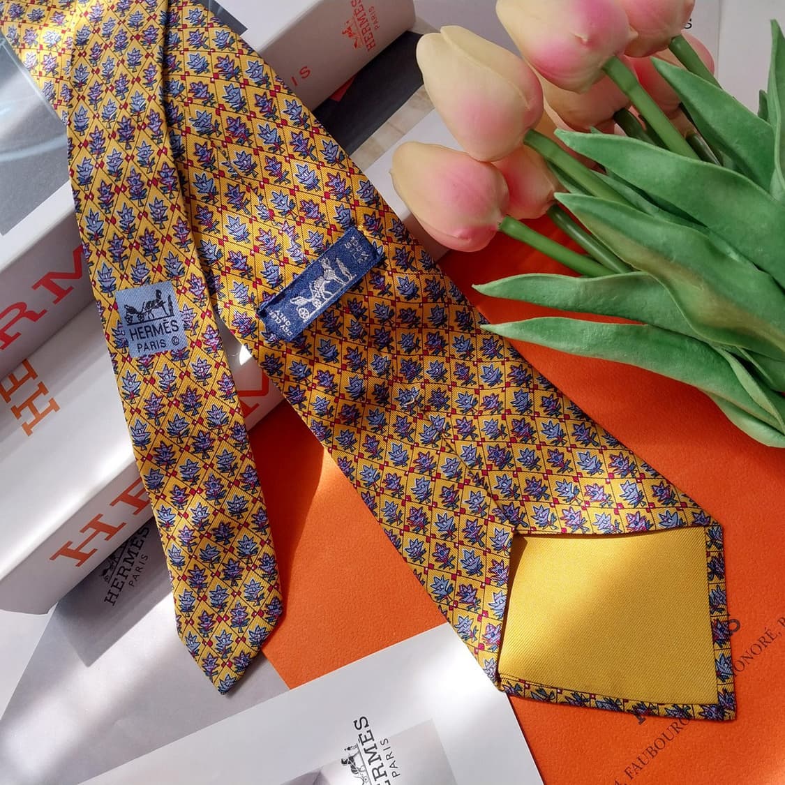 에르메스 머스타드 트리 패턴 넥타이 9.2cm B등급 K2590 상품이미지4