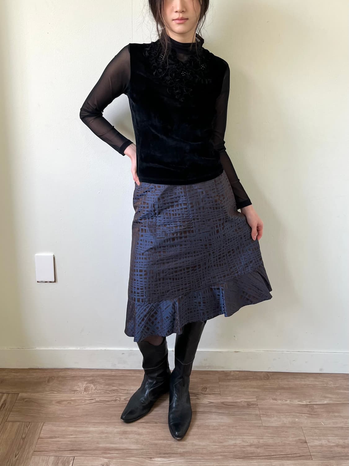 Ch parienne 블루블랙 체크 스커트 상품이미지6