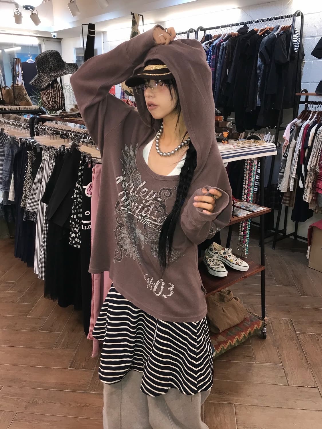 할리데이비슨 브라운 후드 원숄더 큐빅 롱슬리브 ( 대장 ) 상품이미지2