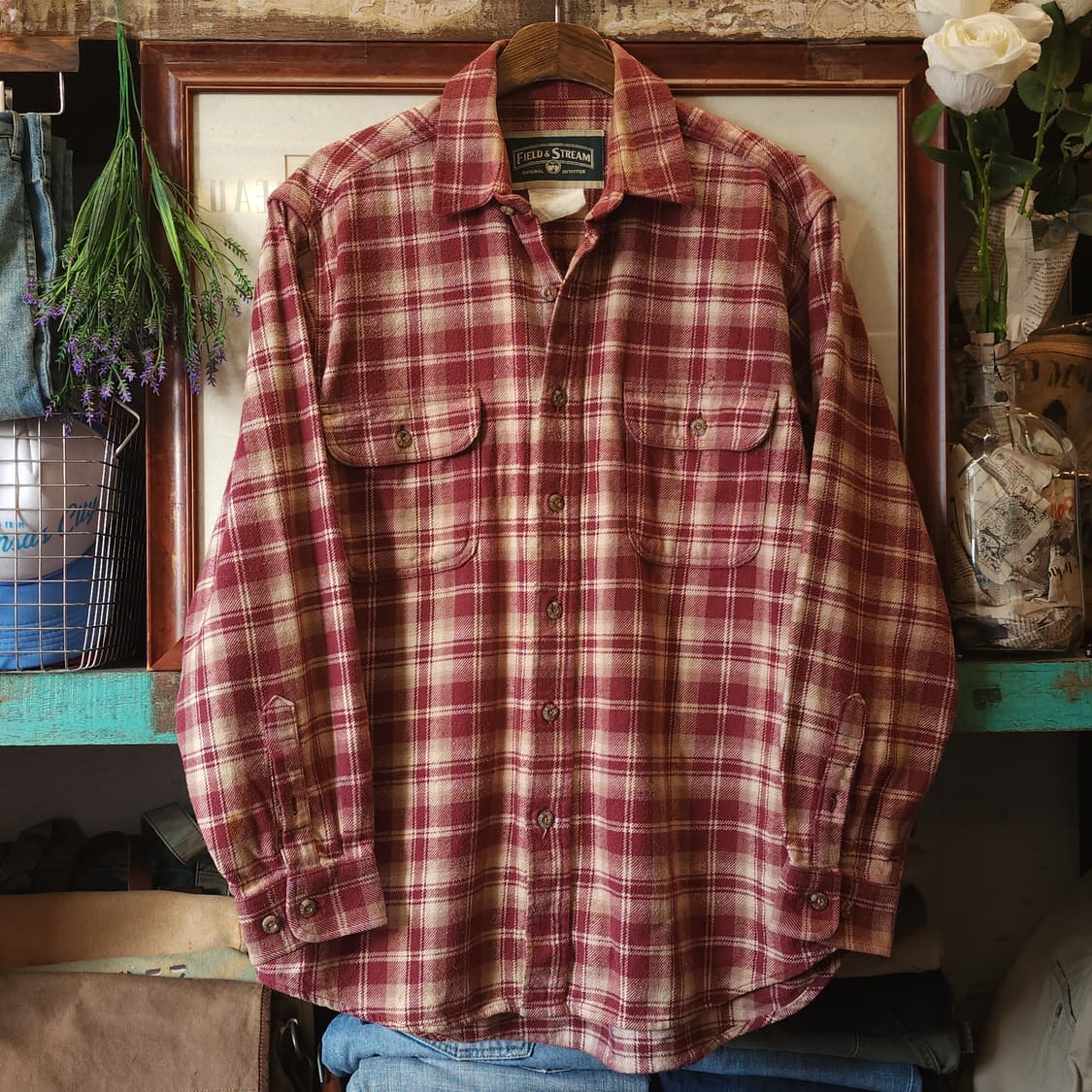 90s 아메리칸 빈티지 체크셔츠 헤비 플란넬 워크셔츠 레드 L 상품이미지1