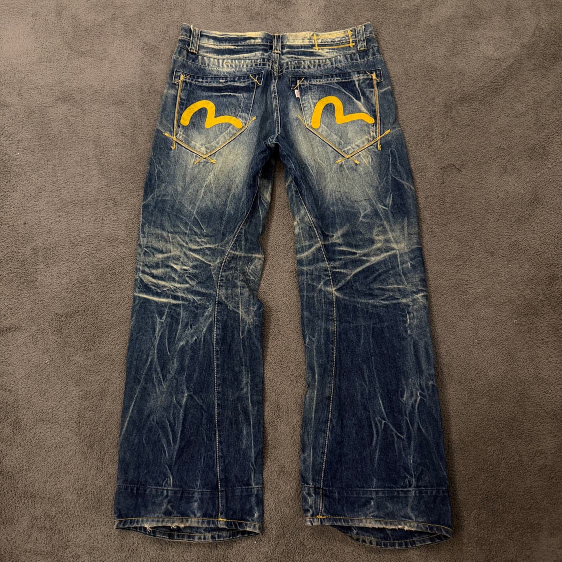 [정품/36] 에비수 진청 워싱 옐로우 빅로고 데미지 데님 청바지 상품이미지3
