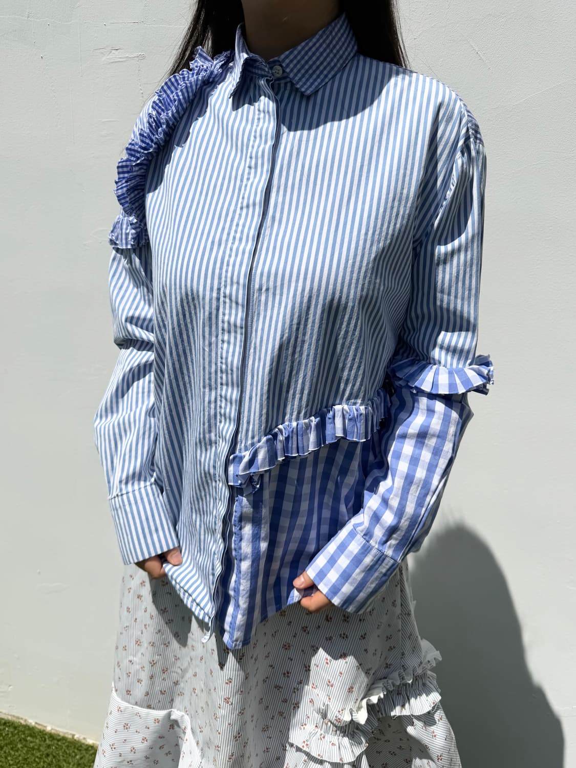 MSGM 믹스 프릴 스트라이프 오버 셔츠 상품이미지1