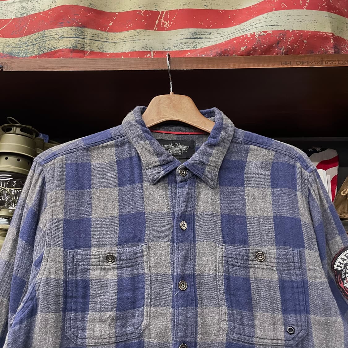 할리데이비슨 모터 사이클 암 패치 로고 멀티체크 포켓 셔츠 상품이미지3