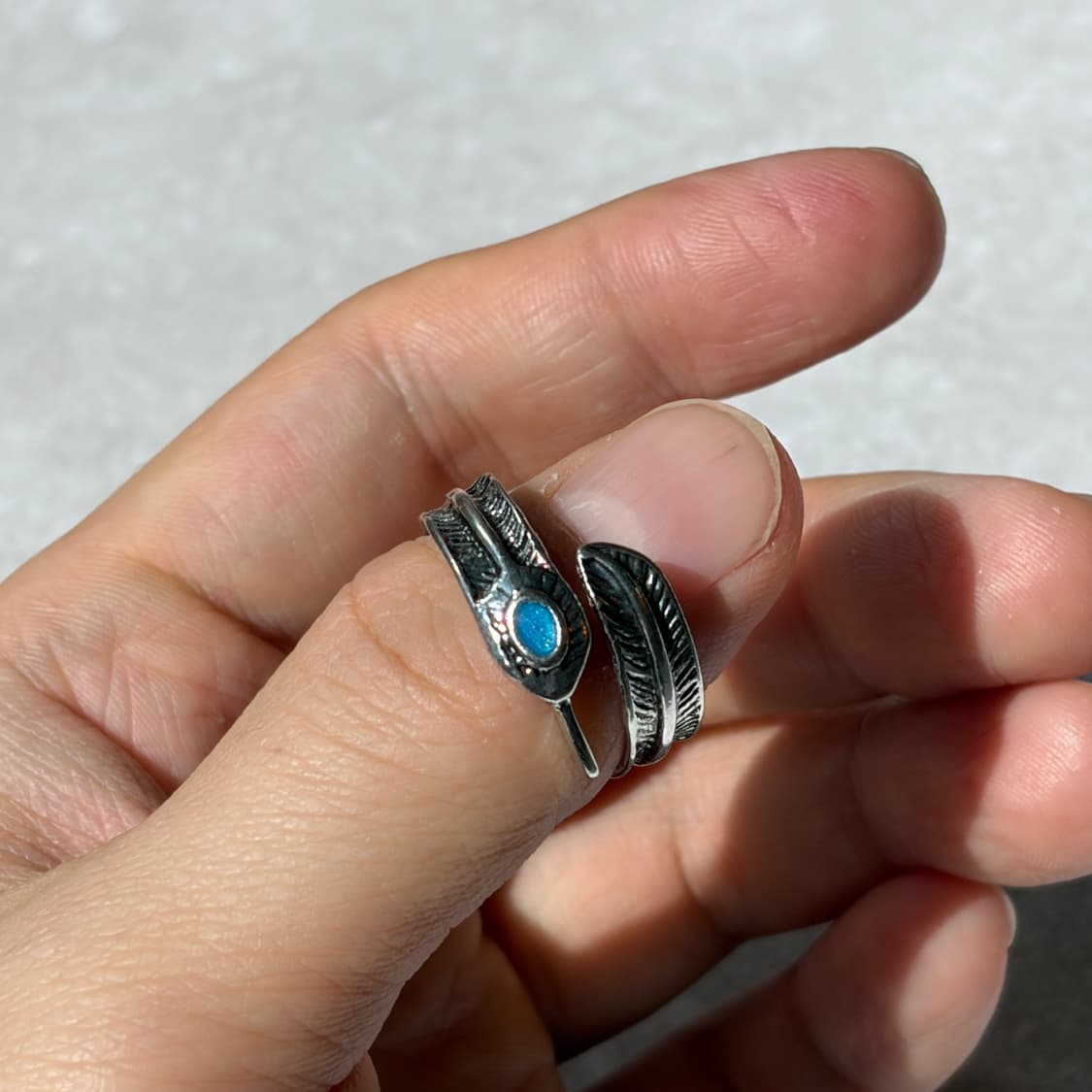 Oribell 에메랄드 스톤 깃털 엔틱 실버 오픈링 반지 상품이미지6