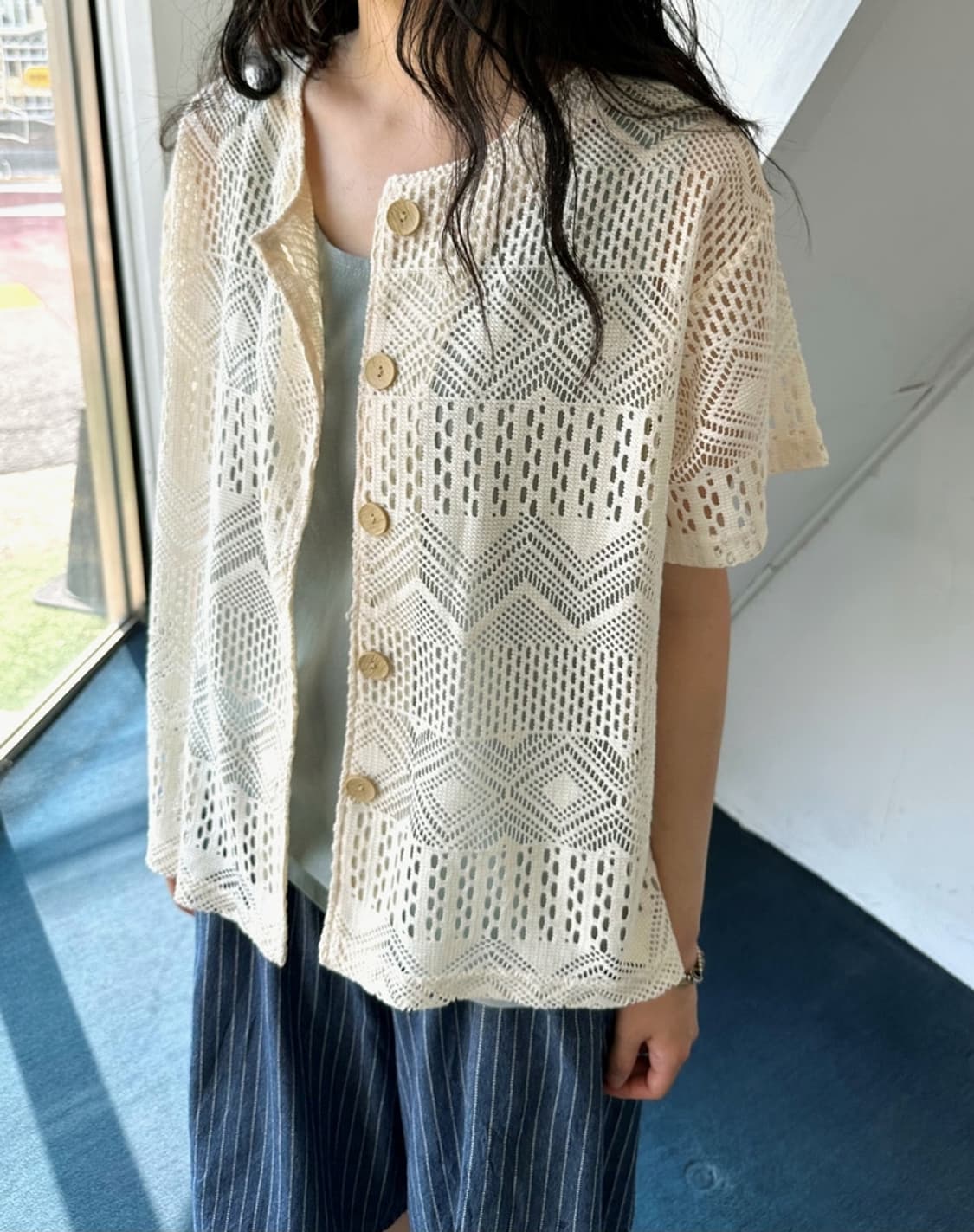Cotton blend punch knit button top 상품이미지8