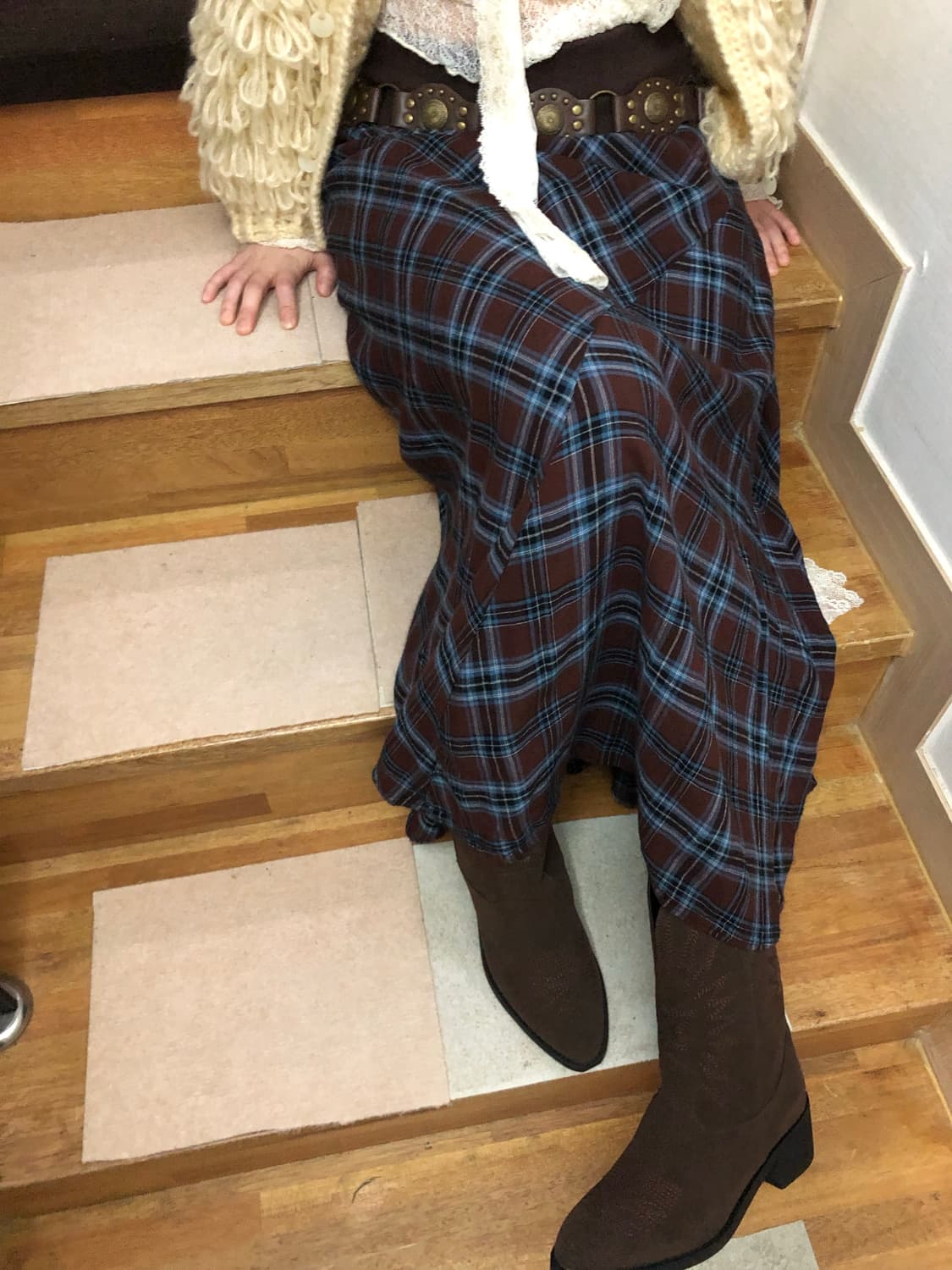 빈티지 다크브라운 체크 롱 스커트 상품이미지1